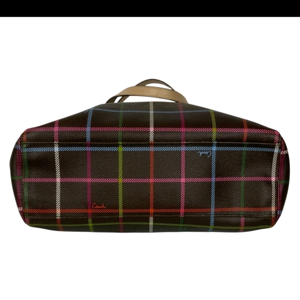 Coach Brown Plaid Tote with Tan Handles and Multicolor Stripes - Picture 5 of 9